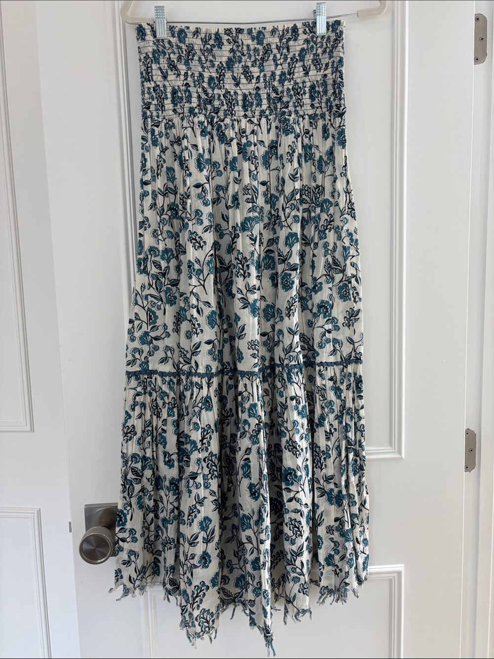 Zara Teal Floral Smocked Cream Maxi Skirt
